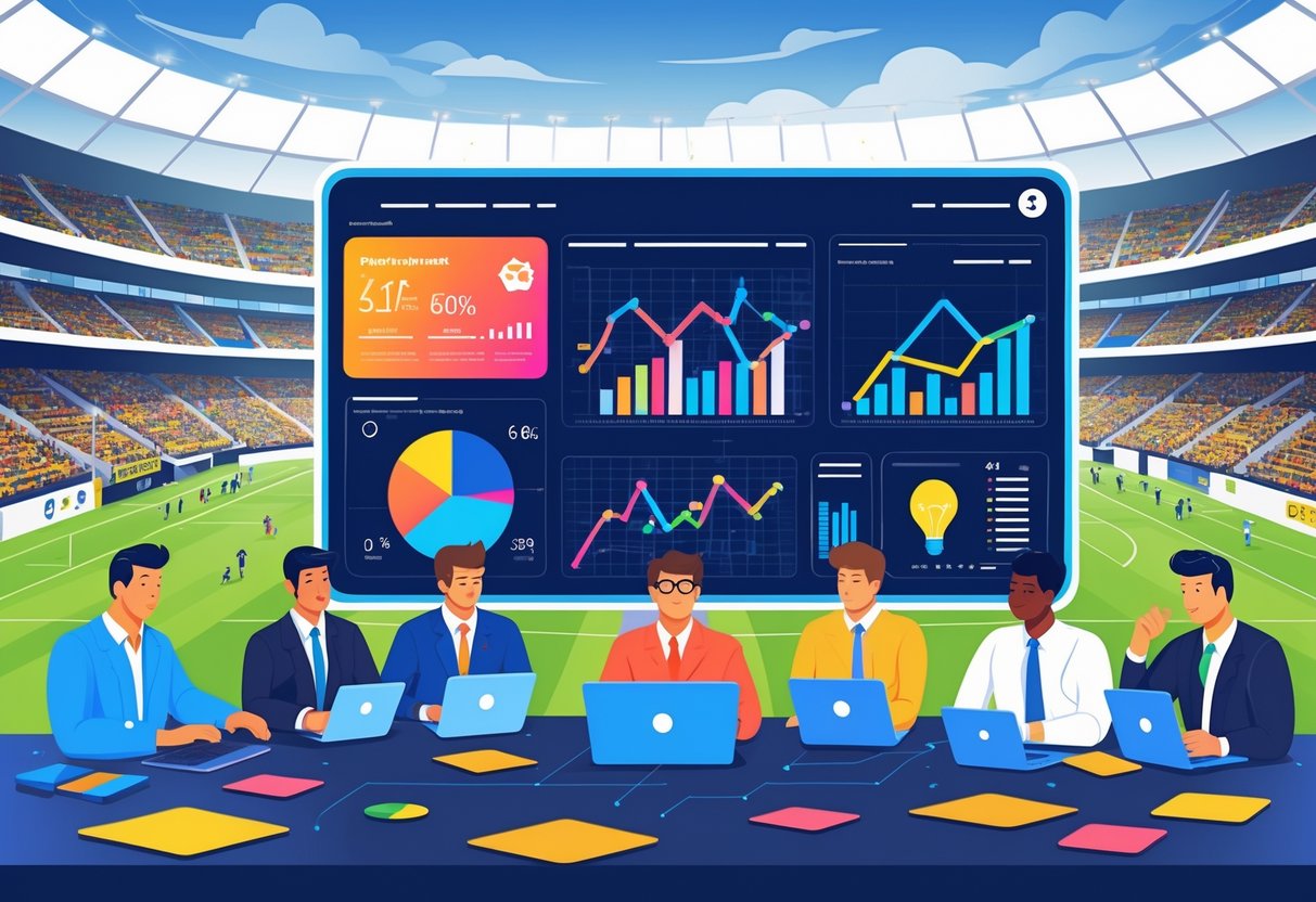 Suasana di stadion sepak bola dengan analis dan pelatih yang mempelajari data dan strategi pertandingan.