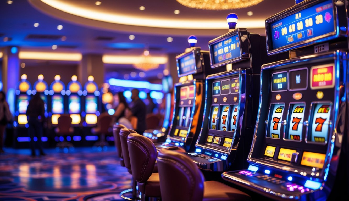 Suasana kasino modern dengan deretan mesin slot berwarna-warni yang menyala dan beberapa orang bermain di latar belakang.