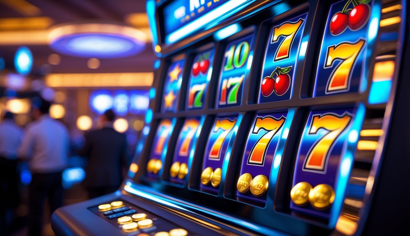 Mesin slot digital modern dengan gulungan warna-warni di latar kasino yang ramai.
