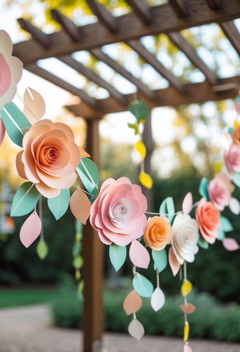 Colorful paper flower garlands hanging as decorations in an outdoor garden setting for a wedding.