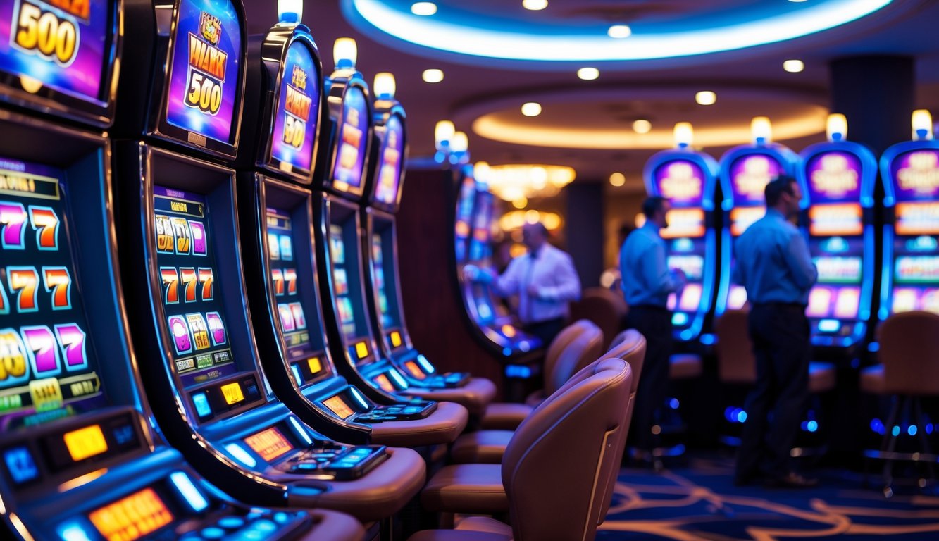 Suasana kasino dengan mesin slot modern yang menyala dan pemain yang terlihat senang dan fokus bermain.