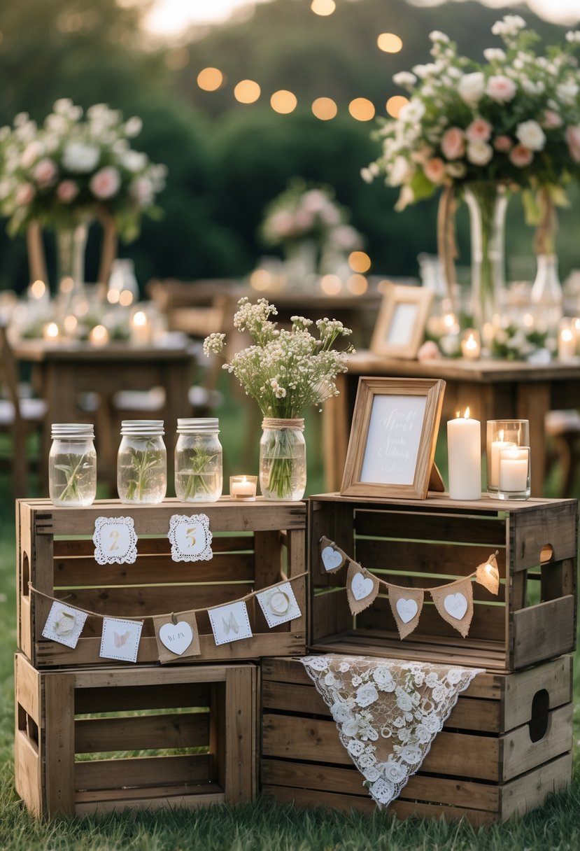 Wedding setup with vintage wooden crates used as display tables decorated with flowers, candles, and rustic wedding decorations outdoors.