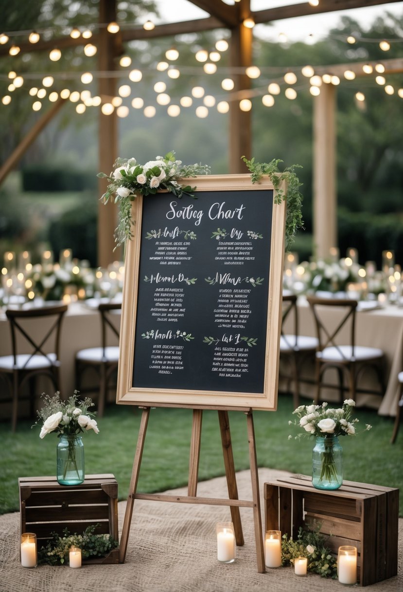 Wedding setup with chalkboard signs for seating and menus surrounded by rustic decorations and floral arrangements.