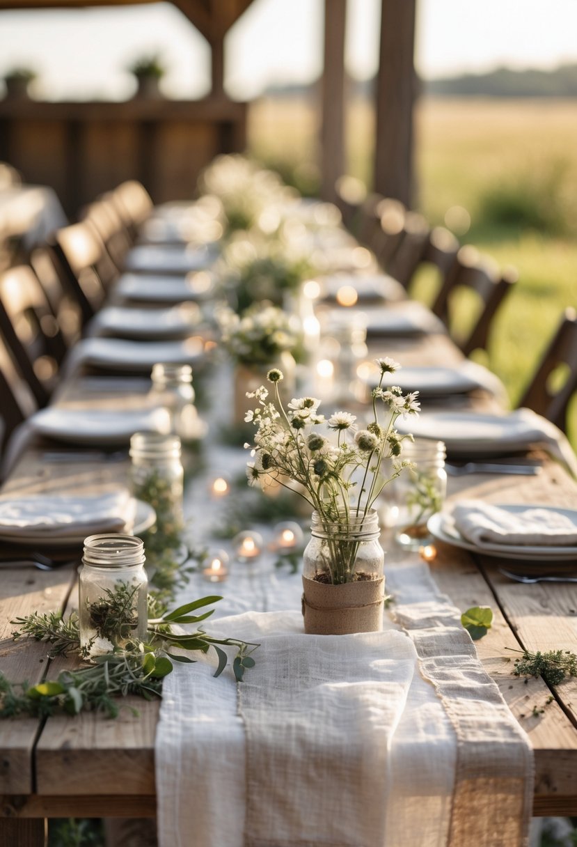 A wedding table decorated with simple cotton and linen runners, wildflowers in jars, string lights, and greenery.