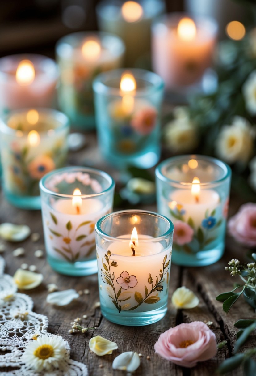 A table with hand-painted glass votive candle holders lit with candles, surrounded by flower petals and greenery as wedding decorations.