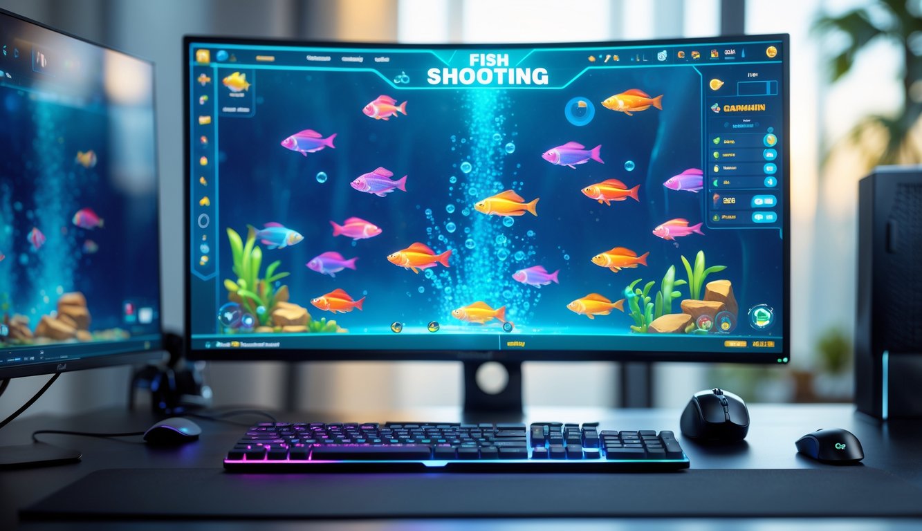 Layar komputer menampilkan permainan menembak ikan online dengan ikan berwarna-warni dan peralatan gaming di meja.