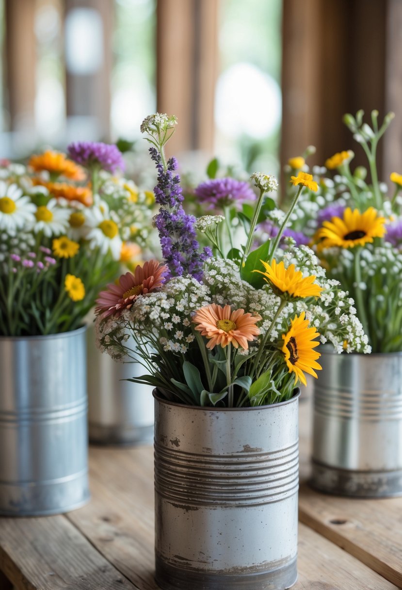 Wildflower bouquets arranged in recycled tin containers on a wooden table.