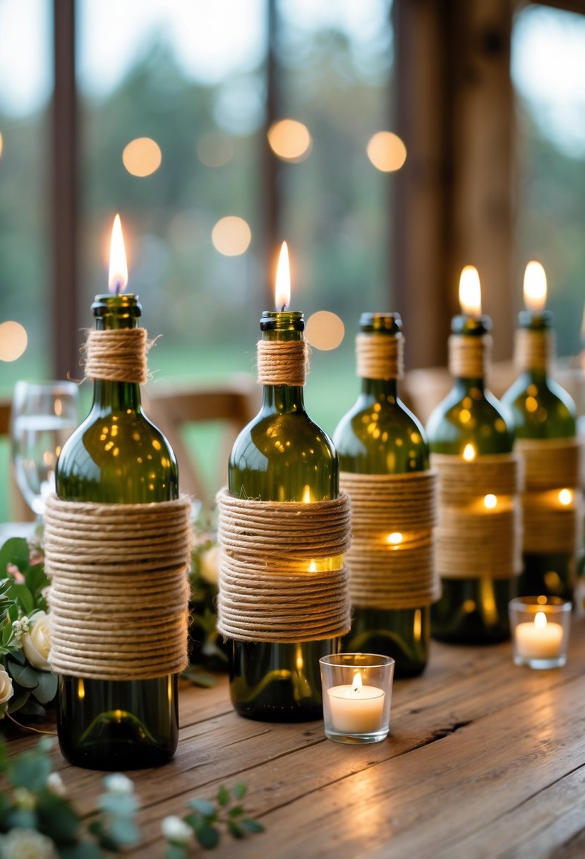 Several empty wine bottles wrapped in twine holding lit candles on a wooden table with wedding decorations.