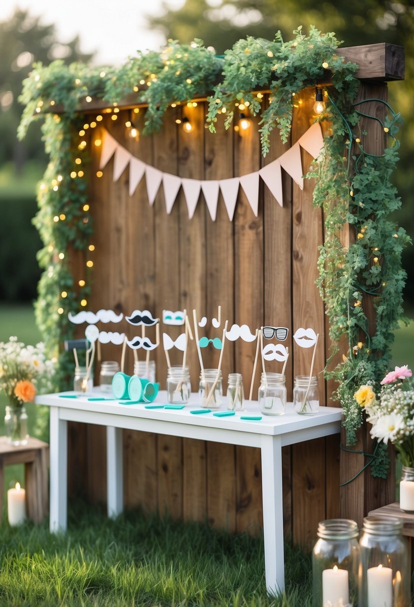 A homemade photo booth with printed props and simple wedding decorations arranged outdoors with greenery and fairy lights.