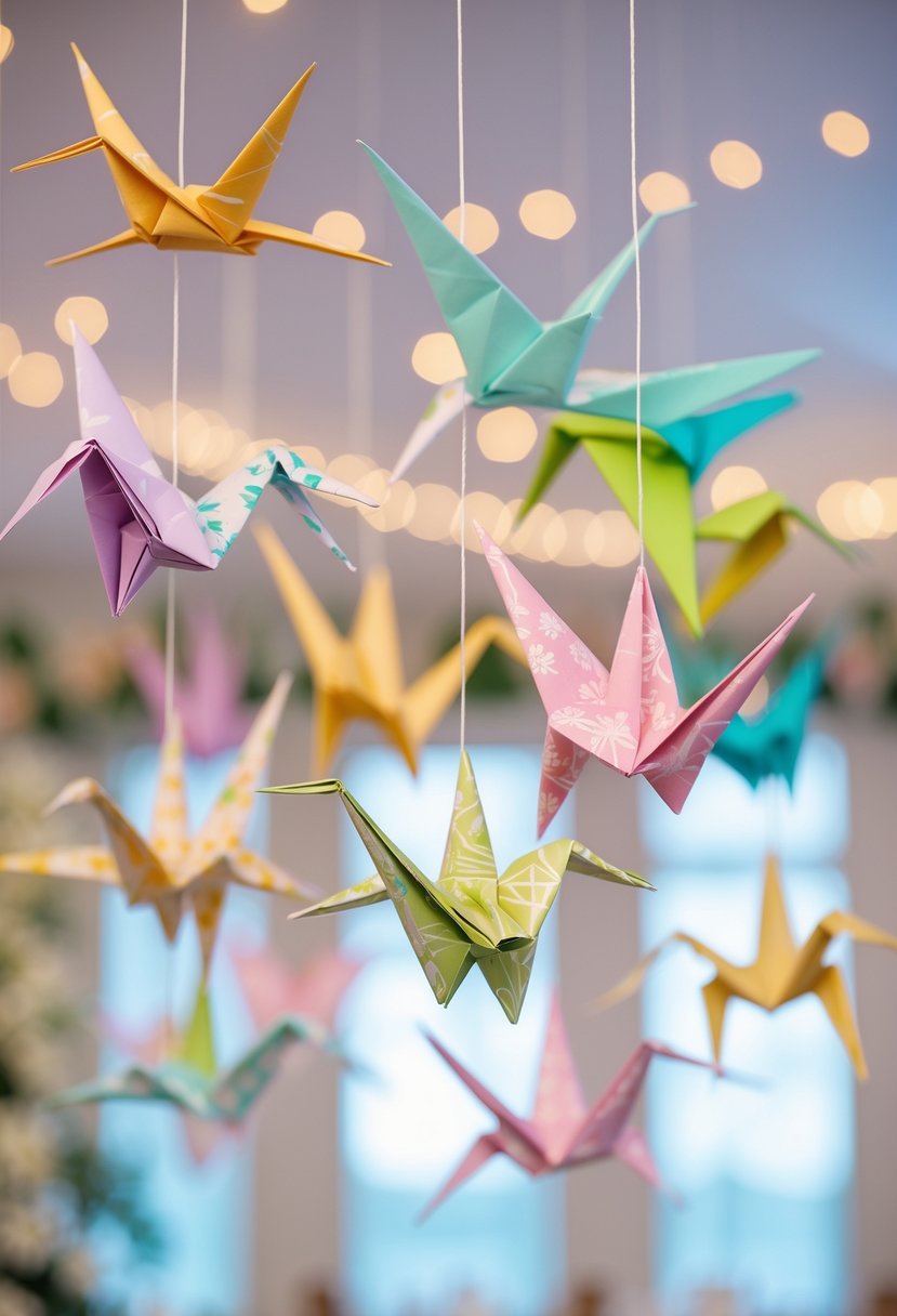 Colorful origami cranes hanging from the ceiling as wedding decorations in an indoor event space.