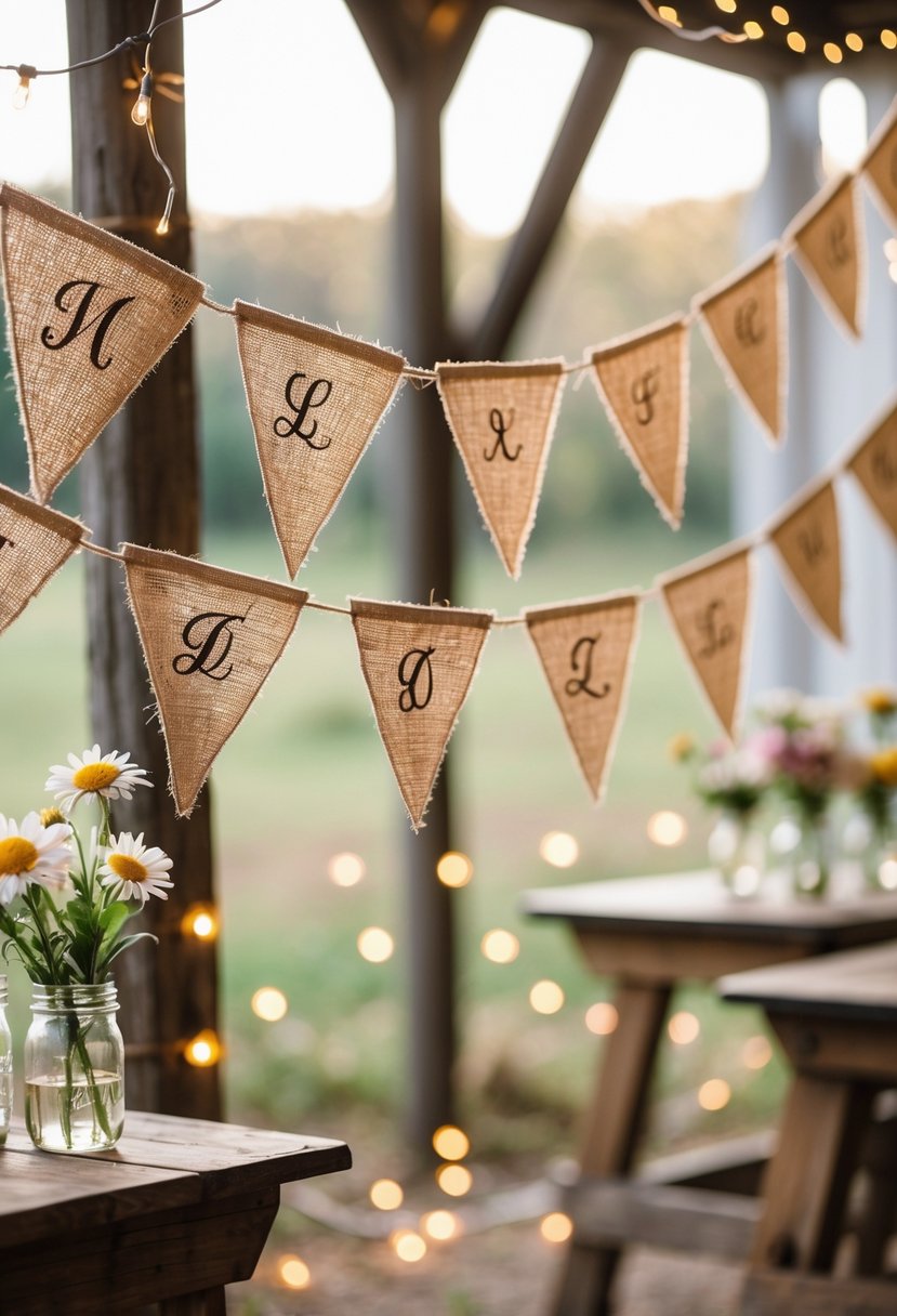 Burlap bunting with personalized initials hanging as wedding decorations in a rustic setting with flowers and soft lighting.