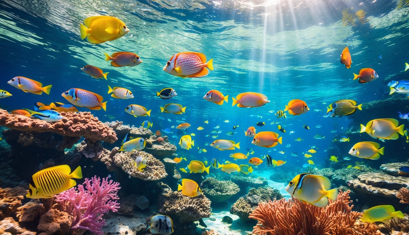 Pemandangan bawah laut yang jernih dengan berbagai ikan berwarna-warni berenang di antara terumbu karang.