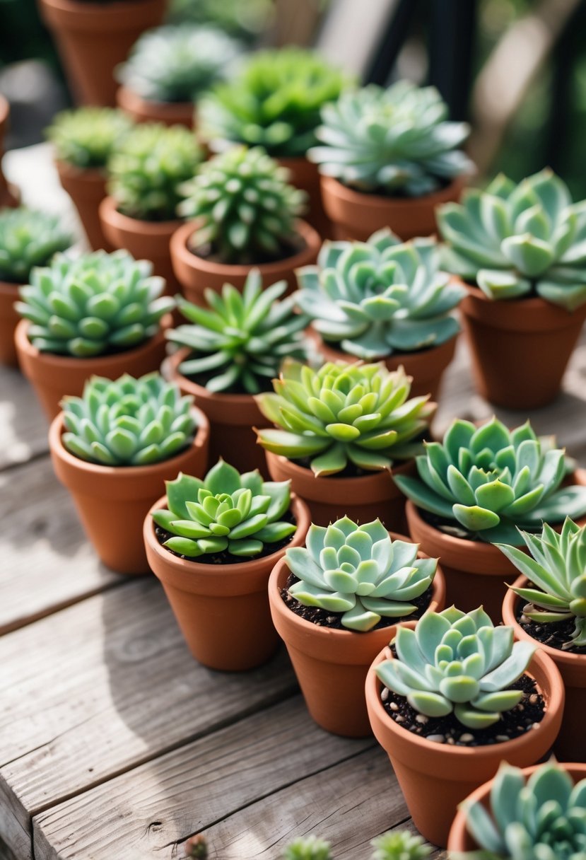 Small terracotta pots with green succulent plants arranged on a wooden surface.