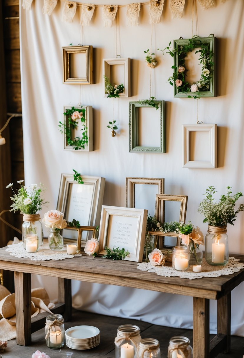 A display of various picture frames decorated with flowers and greenery, surrounded by candles and rustic wedding decorations on a wooden table.