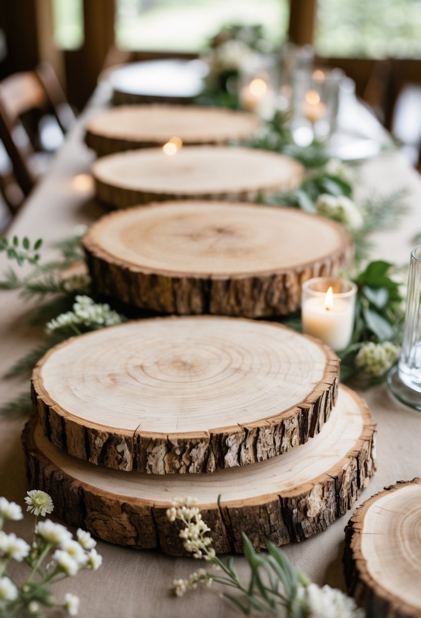 A table with rustic wooden slices used as serving platters surrounded by simple wedding decorations like flowers and candles.
