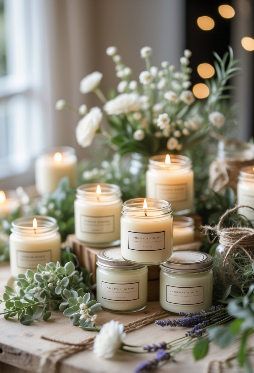 A table with homemade scented soy candles in glass jars surrounded by flowers and greenery as wedding decorations.
