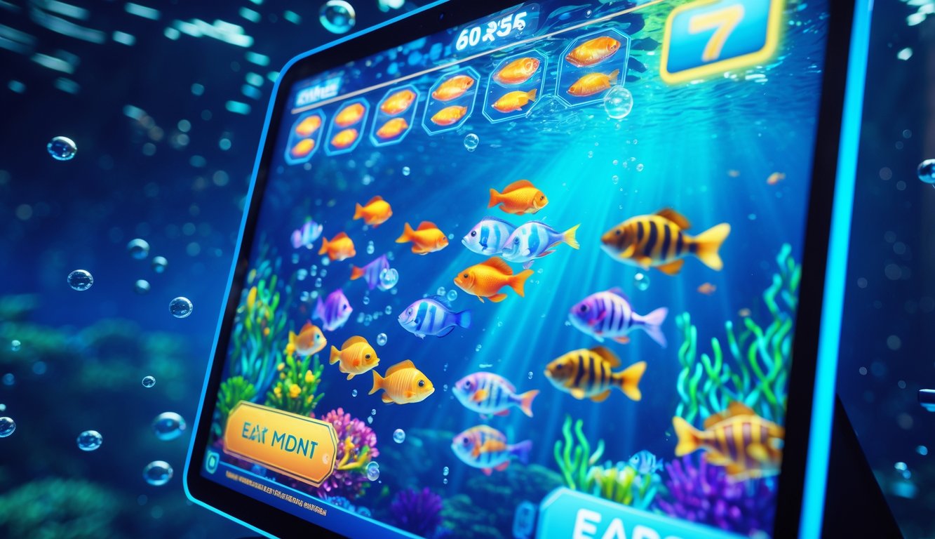 Layar permainan ikan berwarna-warni di perangkat digital dengan latar bawah laut biru dan gelembung.