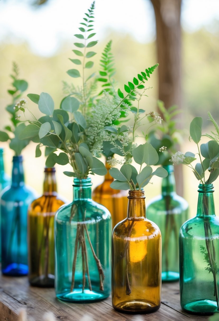 Colored glass bottles filled with fresh cut greenery arranged on a wooden table as wedding decorations.