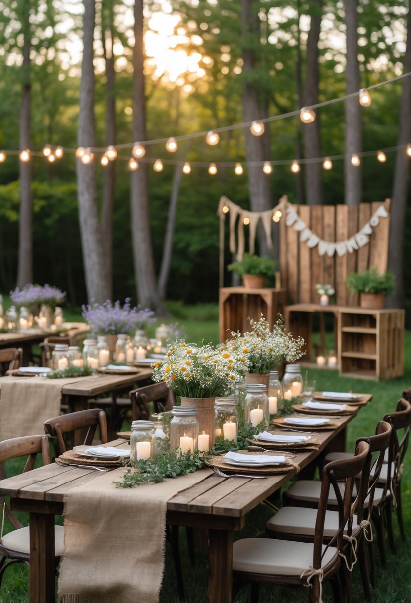 Outdoor wedding reception with wooden tables, wildflower centerpieces, candles, string lights, and rustic decorations under trees at sunset.
