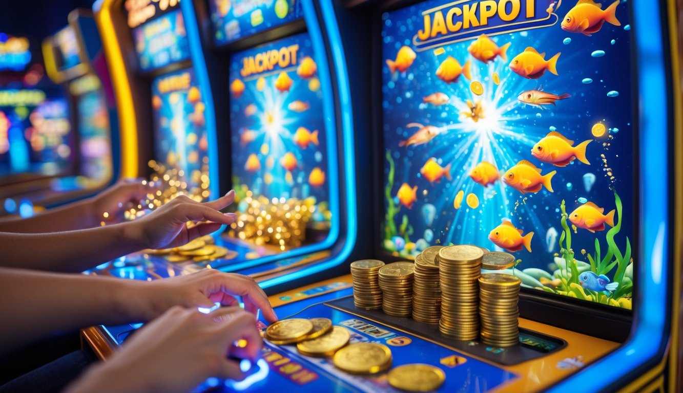 Sebuah mesin permainan tembak ikan dengan layar berwarna-warni menampilkan ikan dan efek kemenangan besar, dengan tangan pemain yang sedang bermain.