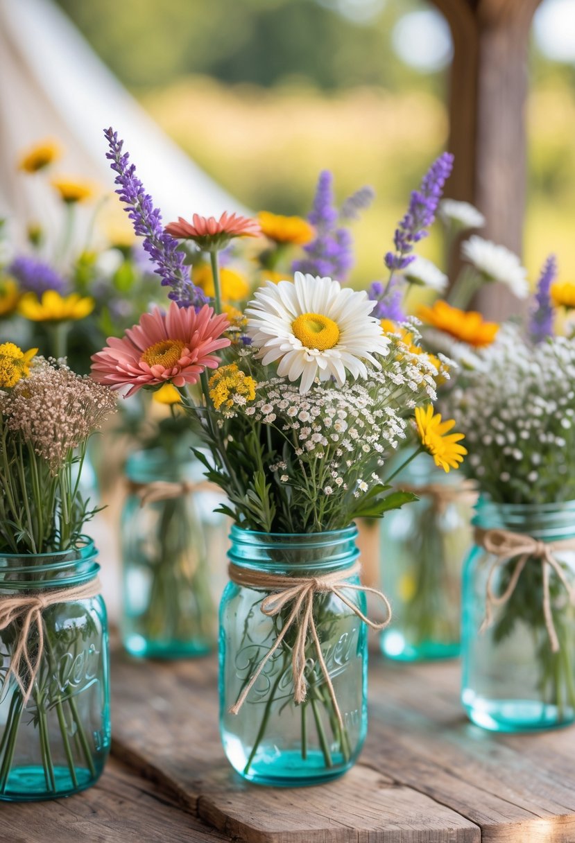 Several mason jars filled with wildflowers arranged on a wooden table outdoors.