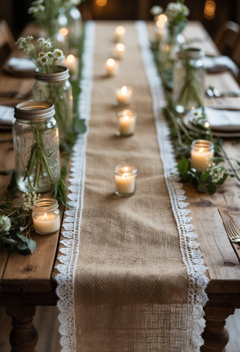 A wedding table set with burlap table runners trimmed with lace, decorated with wildflowers, candles, and greenery on a wooden table.