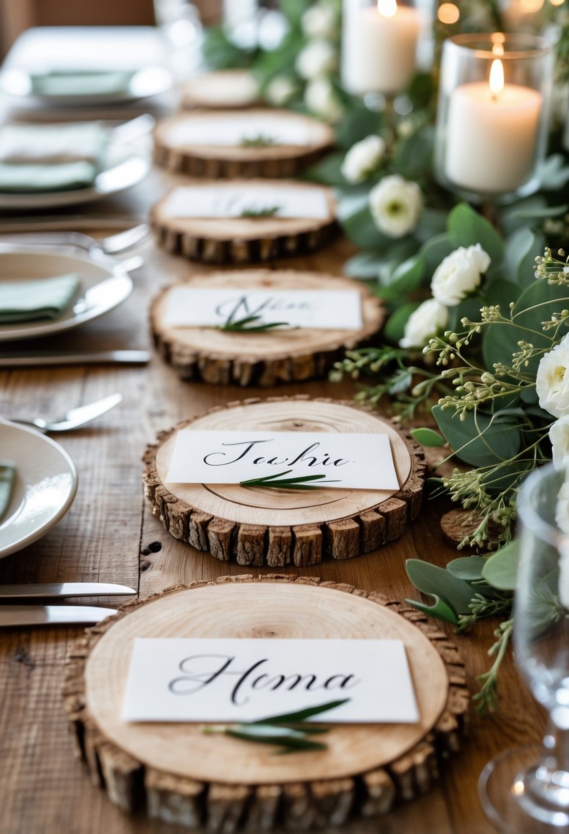 Wood slice place cards arranged on a wooden table with greenery and small white flowers around them.