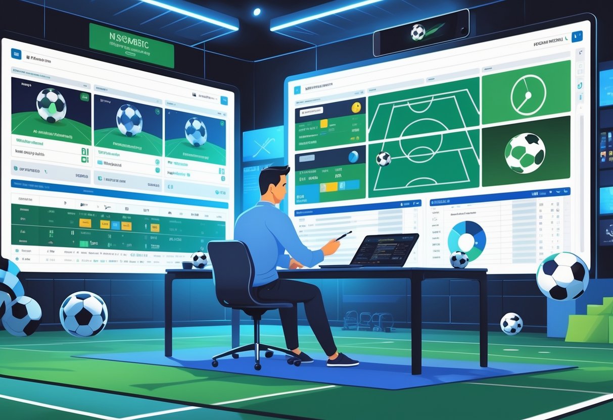 Seorang analis olahraga sedang bekerja di depan beberapa layar digital yang menampilkan statistik dan gambar pertandingan sepak bola.