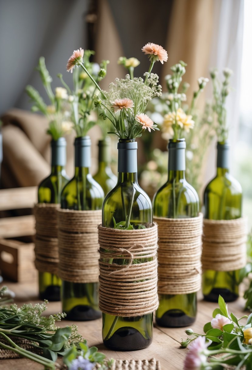Several twine-wrapped wine bottles used as vases holding wildflowers on a wooden table.