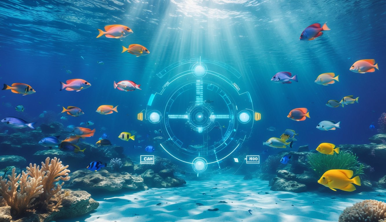 Pemandangan bawah laut dengan ikan tropis berwarna-warni berenang di air jernih dengan terumbu karang dan tanaman air.