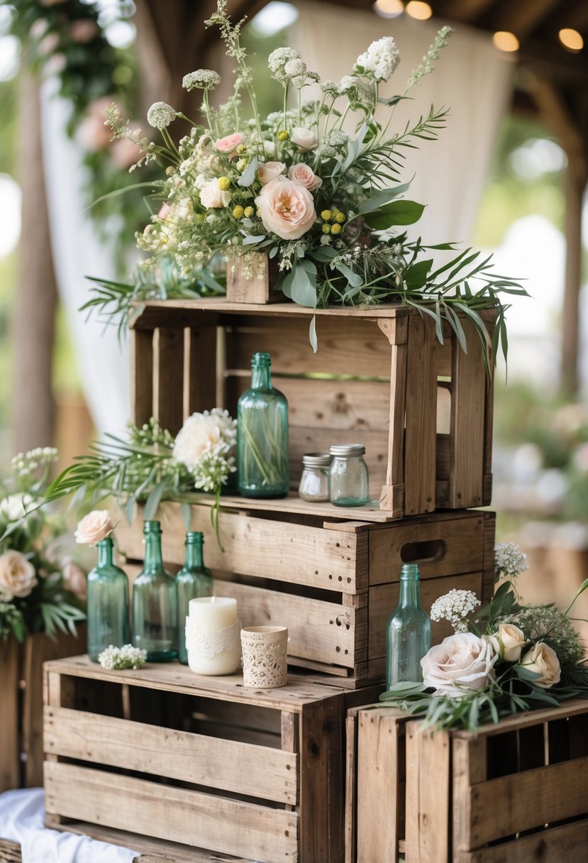 An outdoor wedding display featuring stacked wooden crates decorated with flowers, candles, and vintage jars.