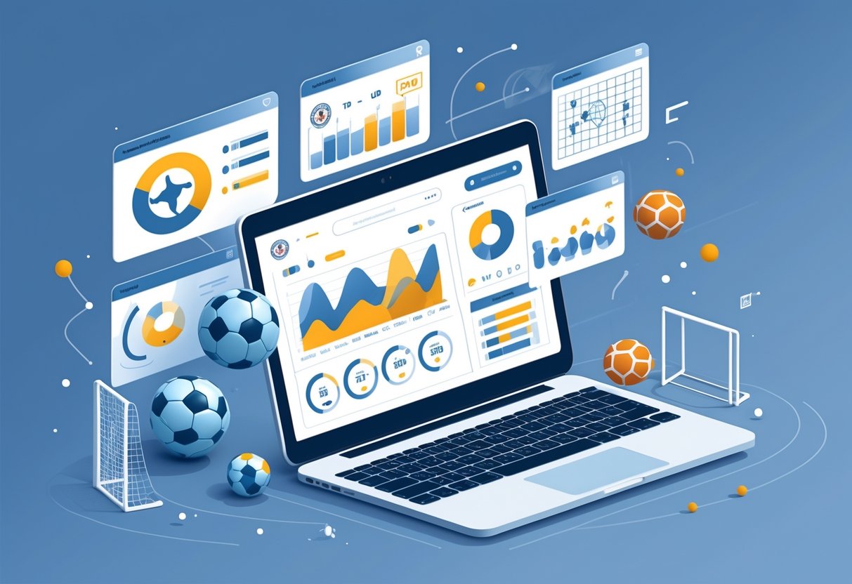 Sebuah perangkat digital menampilkan antarmuka prediksi pertandingan sepak bola dengan grafik dan ikon sepak bola di latar belakang minimalis.