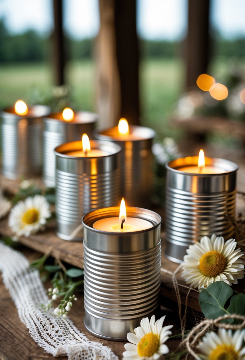 Tin cans used as candle holders with lit candles on a wooden table decorated with flowers and greenery.