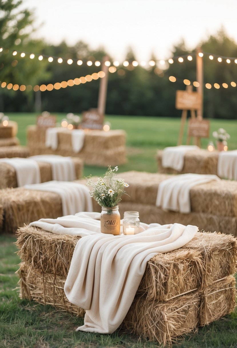 Outdoor wedding seating made from hay bales covered with cozy blankets surrounded by rustic decorations.
