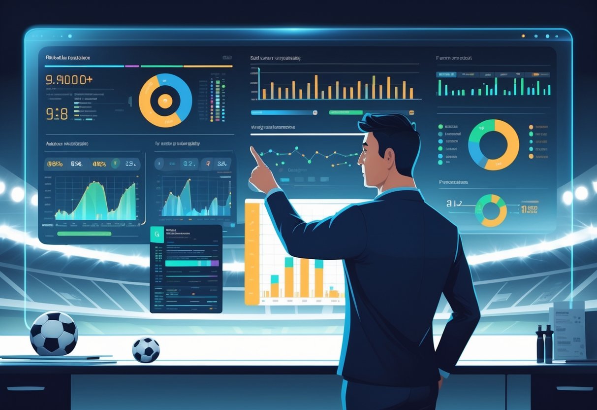 Seorang analis sedang bekerja dengan layar digital yang menampilkan statistik dan grafik prediksi pertandingan sepak bola, dengan bola sepak dan papan taktik di sekitar.