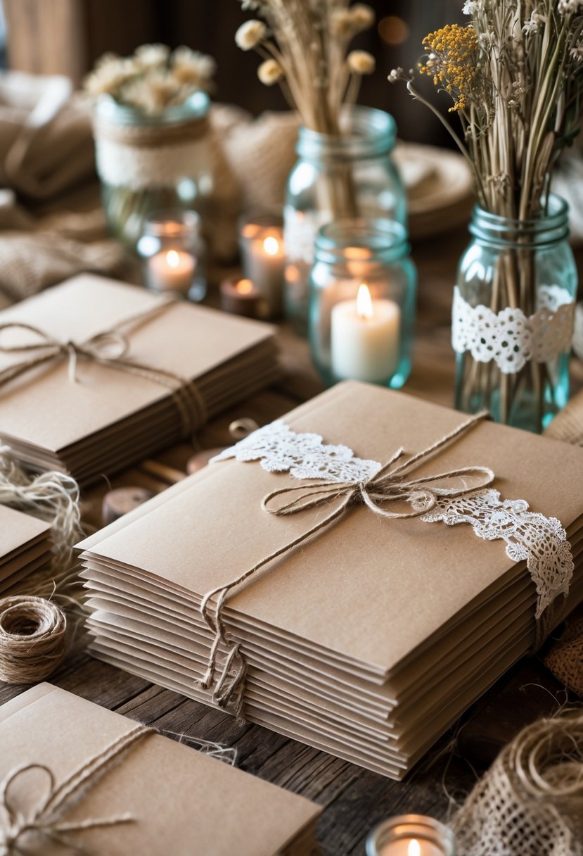 A wooden table displaying kraft paper guest books surrounded by dried flowers, twine, candles, and rustic wedding decorations.
