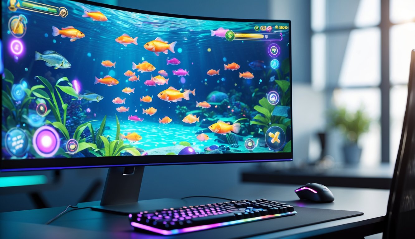 Layar komputer menampilkan permainan tembak ikan online dengan berbagai ikan berwarna-warni dan target yang menyala di lingkungan permainan bawah laut.