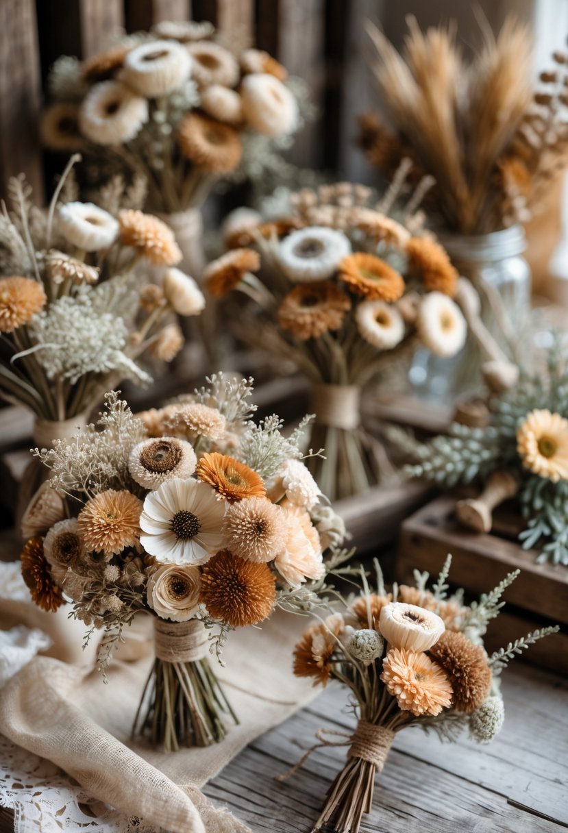 Dried flower bouquets and boutonnieres arranged on a wooden table with rustic wedding decorations in the background.
