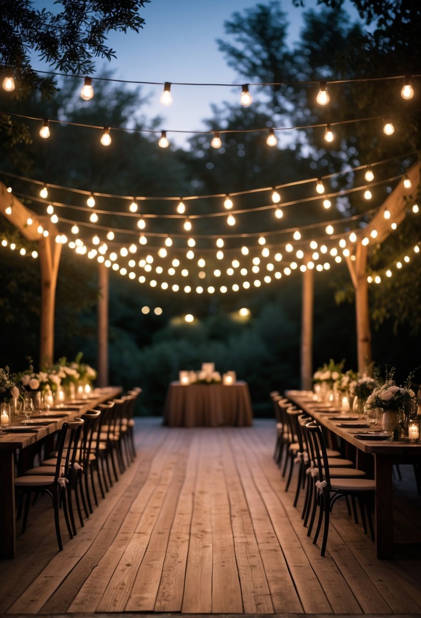Outdoor wedding dance floor with string lights hanging overhead and wooden tables and chairs surrounded by greenery at dusk.