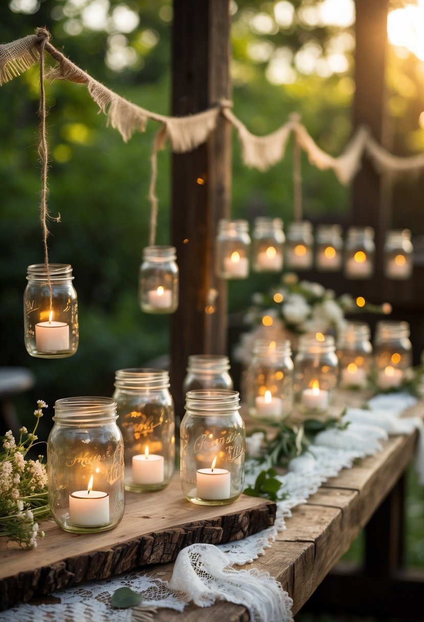 Mason jars with tea light candles glowing softly, arranged on a wooden surface with rustic wedding decorations and greenery in the background.
