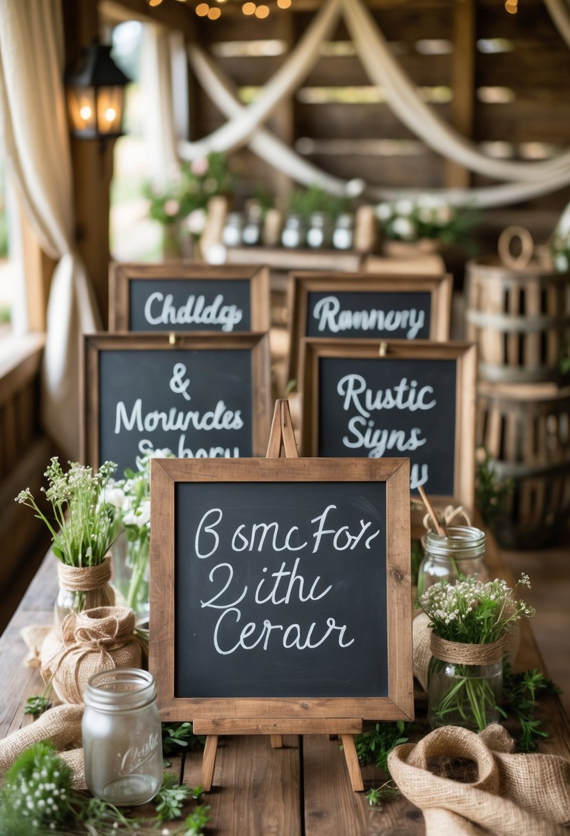A collection of rustic wooden framed chalkboard signs displayed on a wooden table surrounded by flowers, greenery, and wedding decor items.