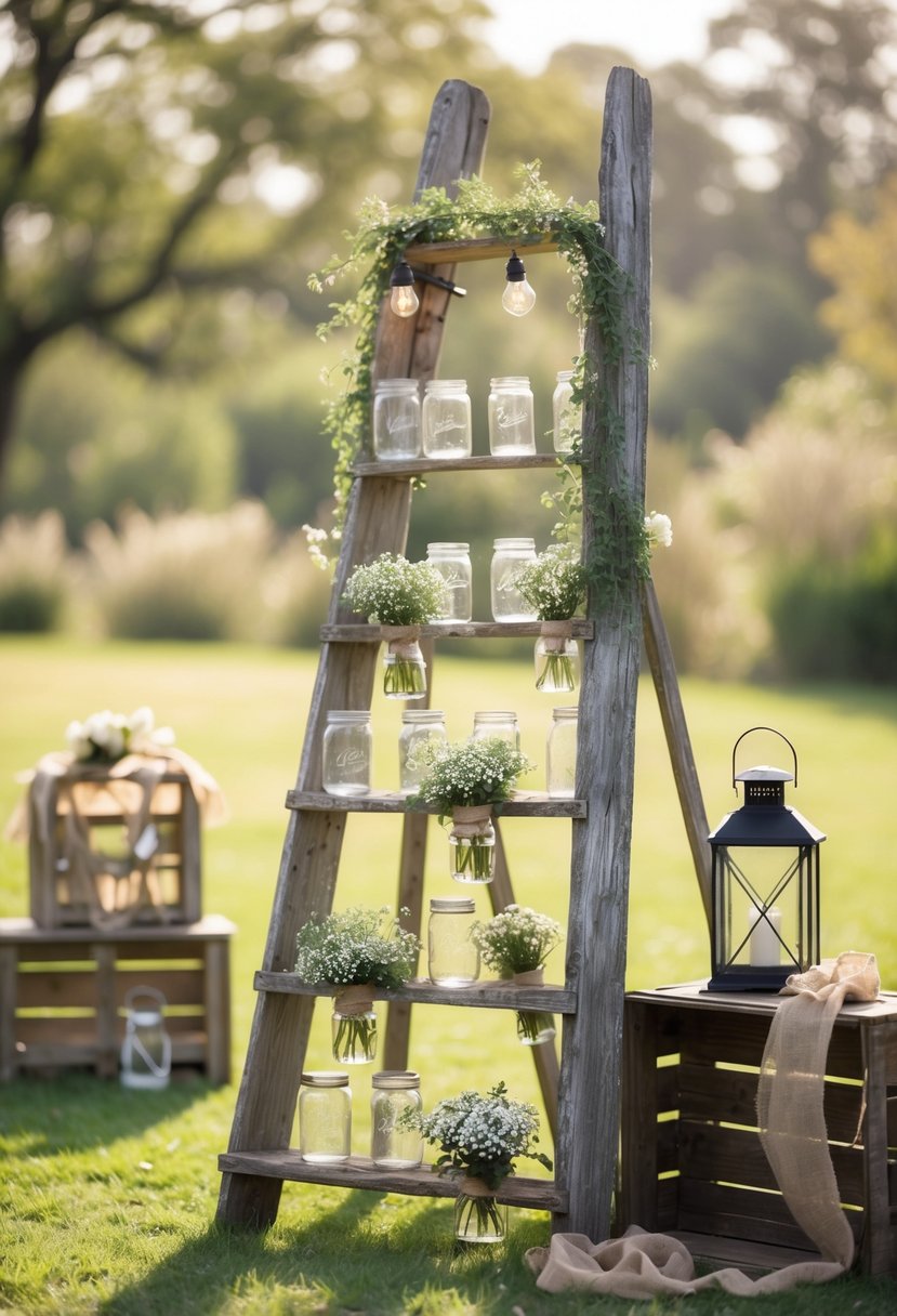 An antique wooden ladder decorated with flowers, string lights, and greenery outdoors at a wedding.