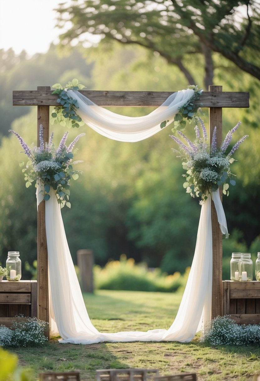 A rustic wooden wedding arch decorated with white fabric and wildflowers in an outdoor garden setting.
