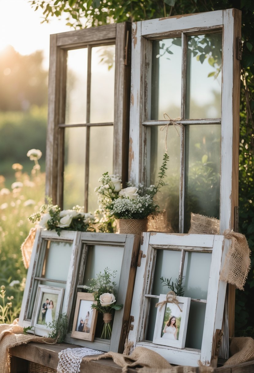 A collection of vintage wooden window frames decorated with wedding photos and flowers, arranged outdoors with greenery in the background.