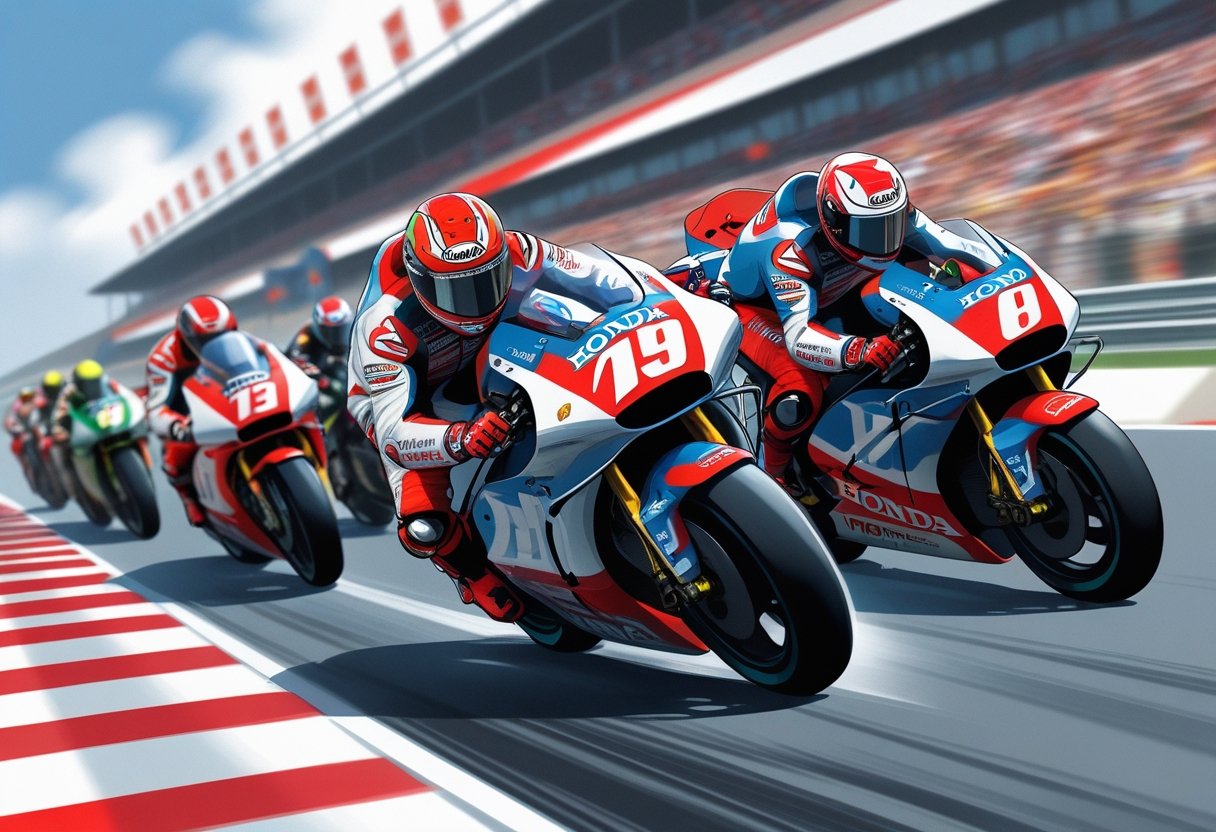 Ilustrasi tim MotoGP Honda HRC dengan motor balap dan pembalap di lintasan balap, menampilkan suasana balapan yang cepat dan penuh semangat.