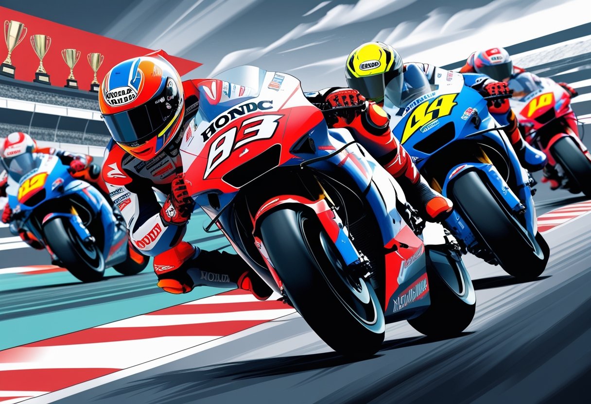 Ilustrasi pembalap MotoGP Honda HRC sedang balapan di lintasan dengan latar belakang yang menampilkan momen bersejarah dan piala tim.
