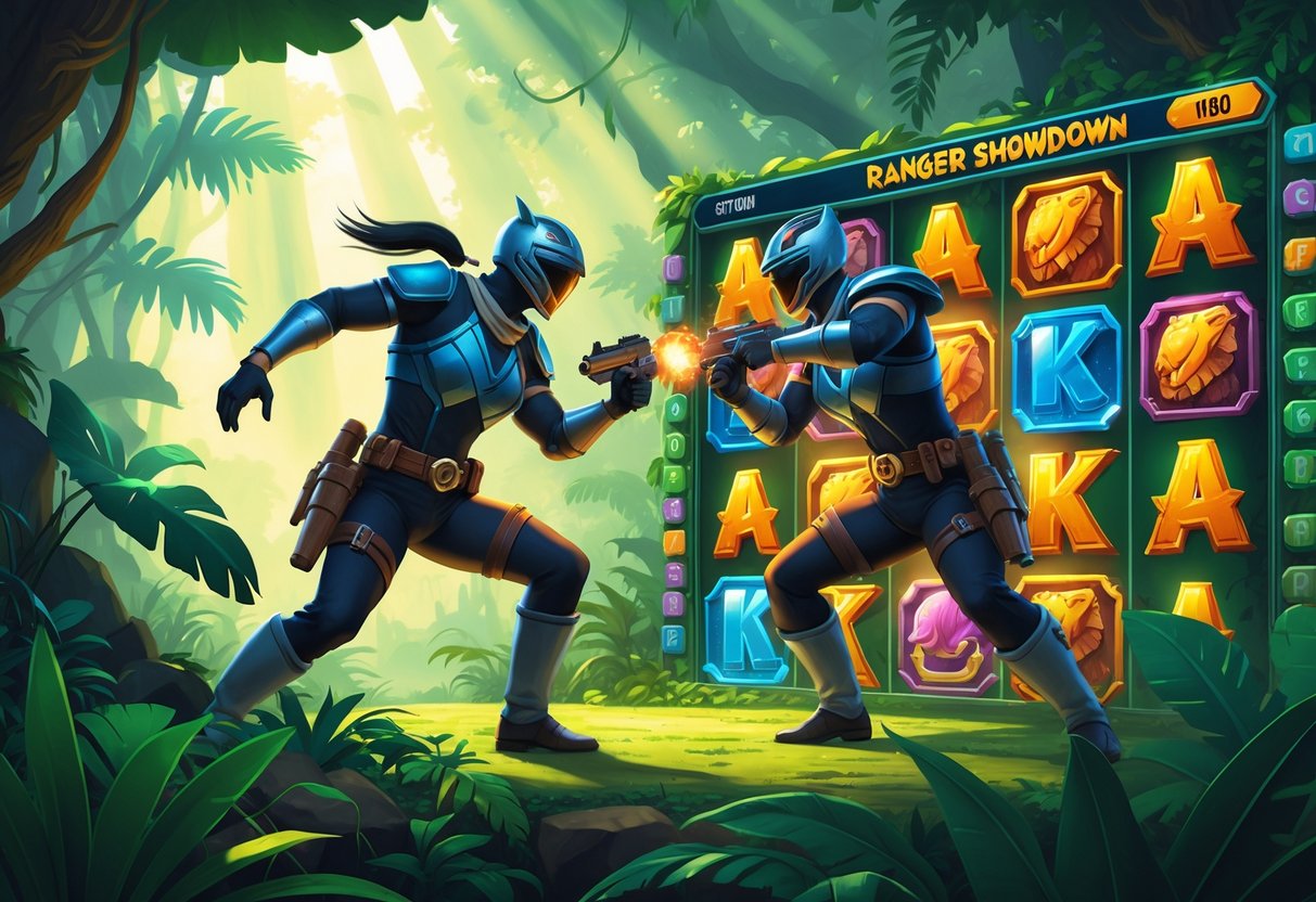 Dua ranger sedang berhadapan di hutan lebat dengan simbol-simbol permainan slot di sekitar mereka.