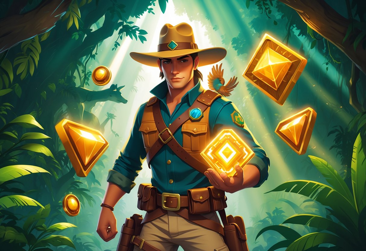 Seorang ranger petualang berdiri di tengah hutan lebat dengan artefak bercahaya di tangan, dikelilingi oleh simbol-simbol permainan slot seperti permata berkilau dan hewan liar.