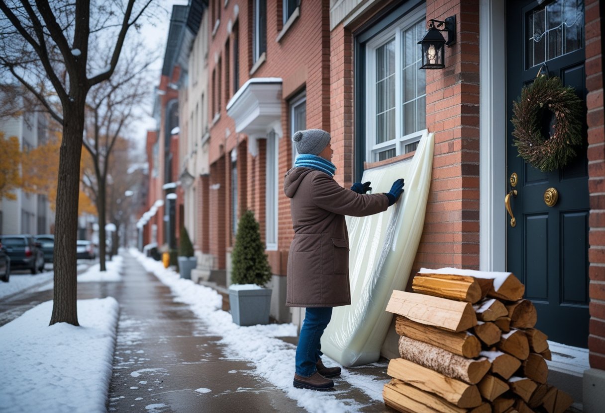 Une personne habillée chaudement prépare une maison à l'hiver sur une rue résidentielle enneigée à Montréal.