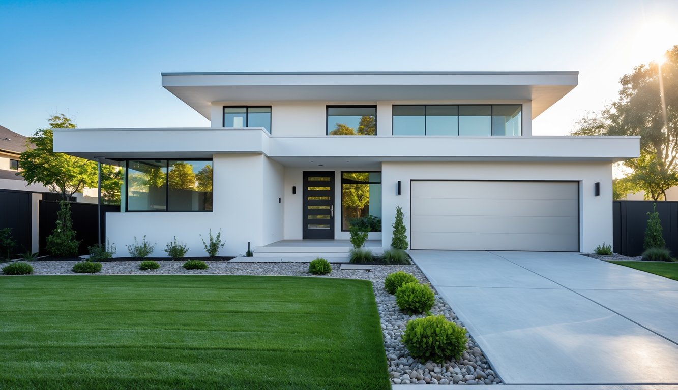 Foto eksterior rumah dengan halaman depan yang rapi dan langit cerah.